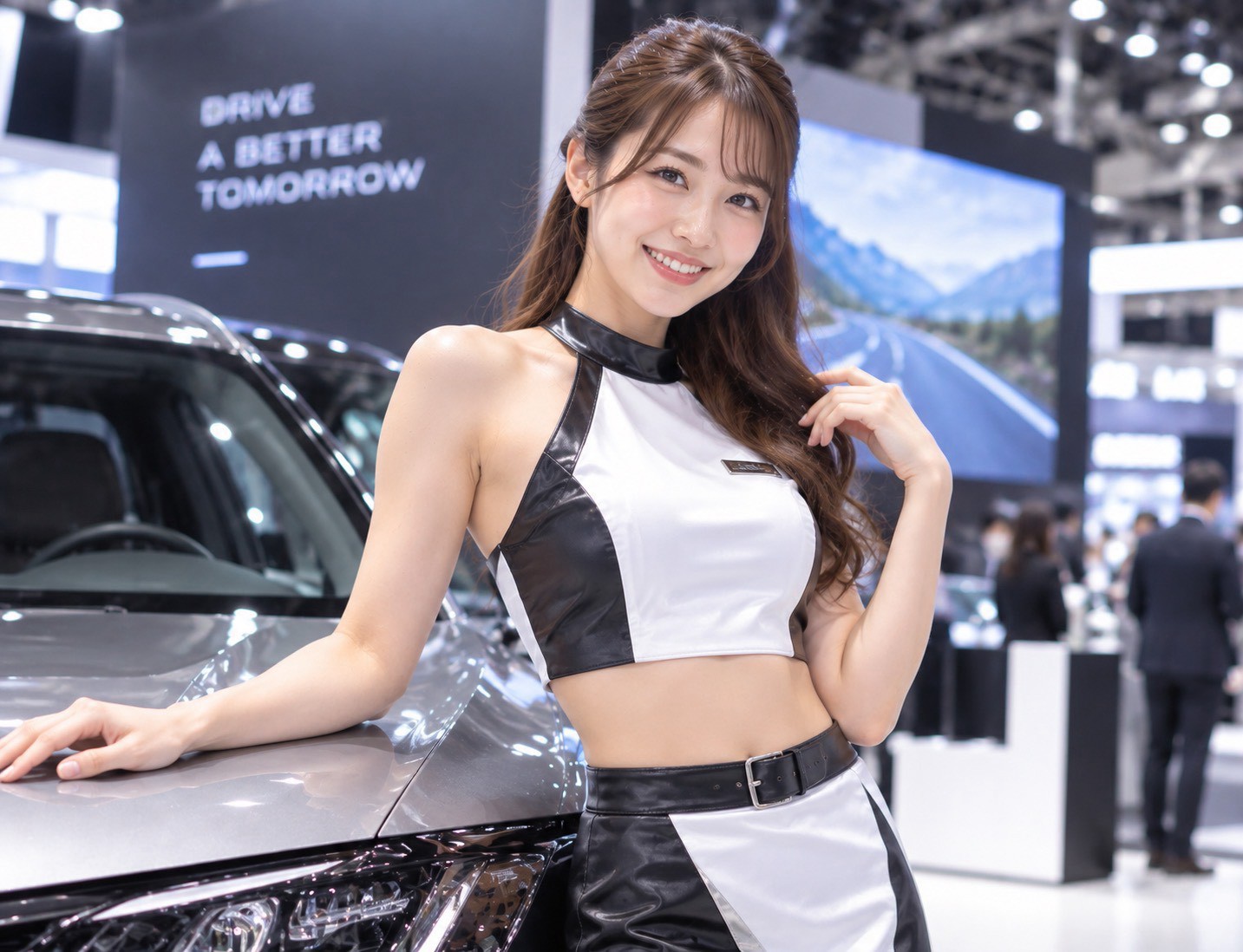 自動車イベントで案内をするイベントコンパニオン